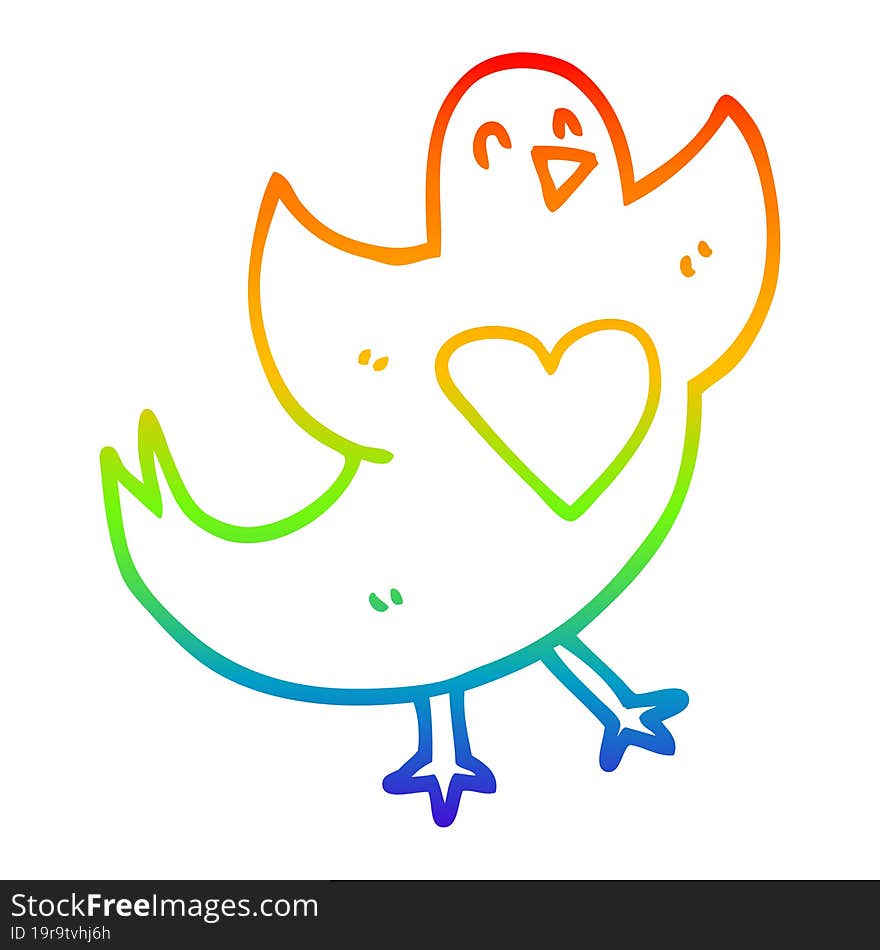 Rainbow Gradient Line Drawing Cartoon Bird With Love Heart