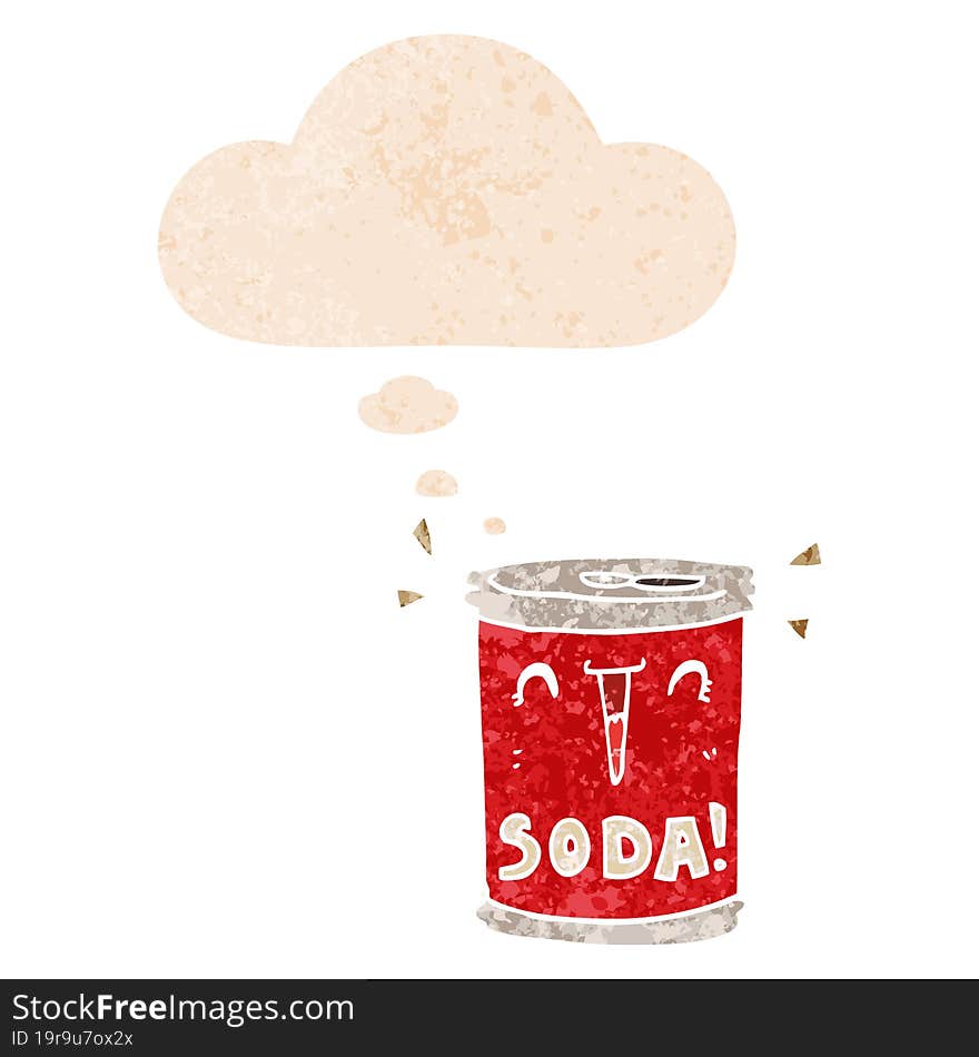 cartoon soda can and thought bubble in retro textured style