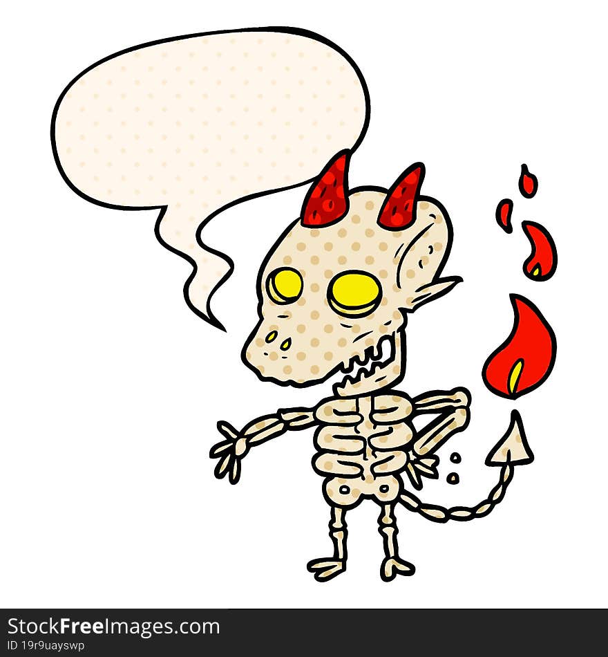 cartoon spooky skeleton demon with speech bubble in comic book style