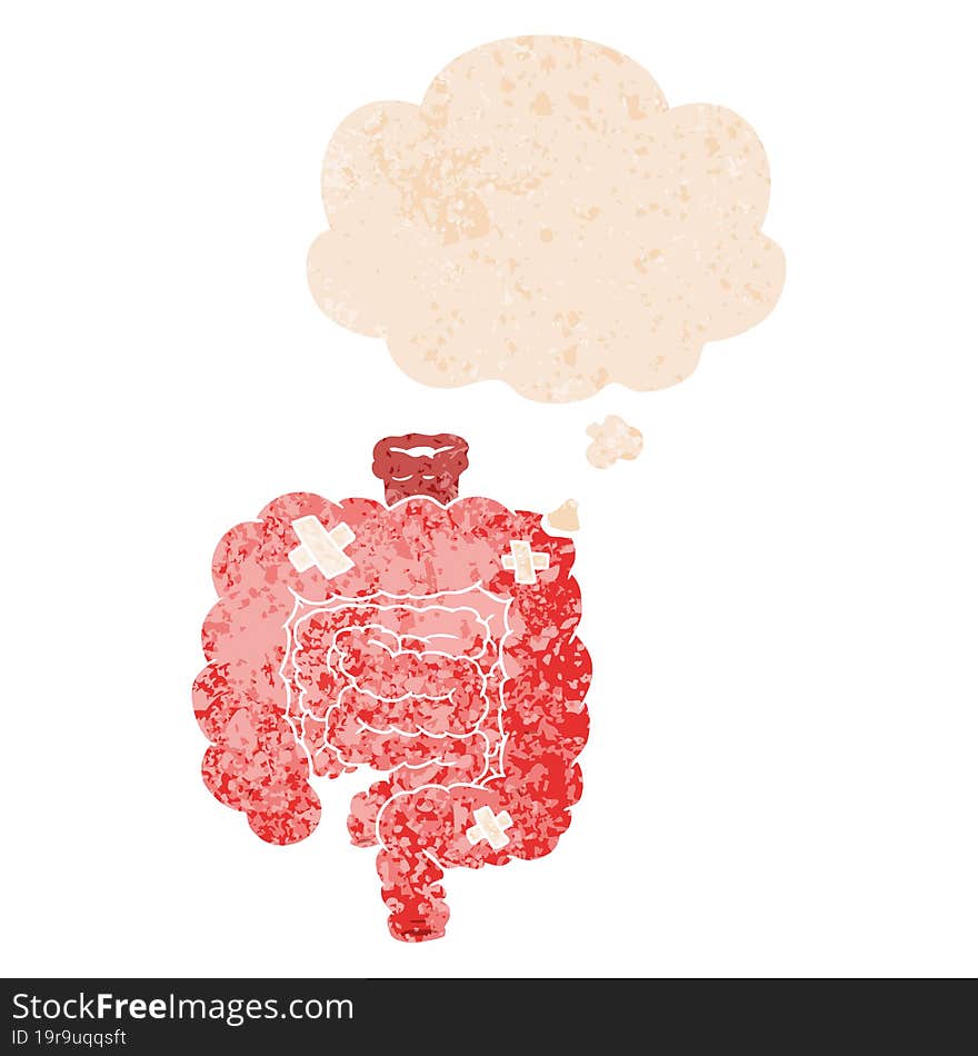 cartoon repaired intestines with thought bubble in grunge distressed retro textured style. cartoon repaired intestines with thought bubble in grunge distressed retro textured style