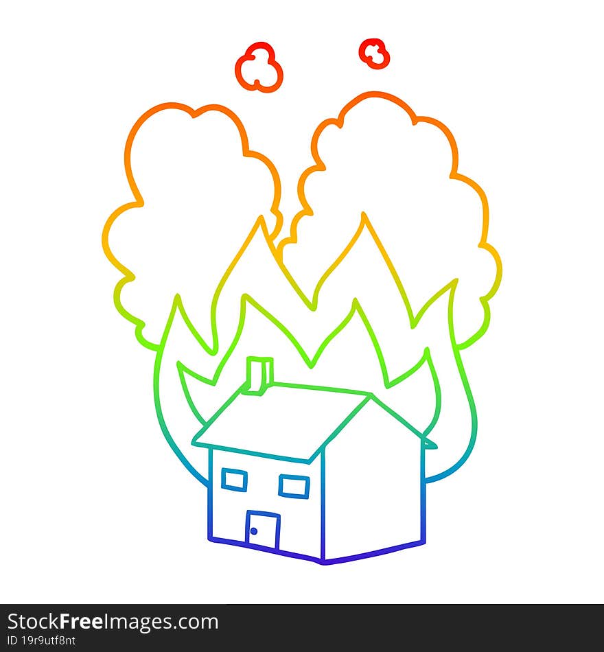 rainbow gradient line drawing cartoon burning house