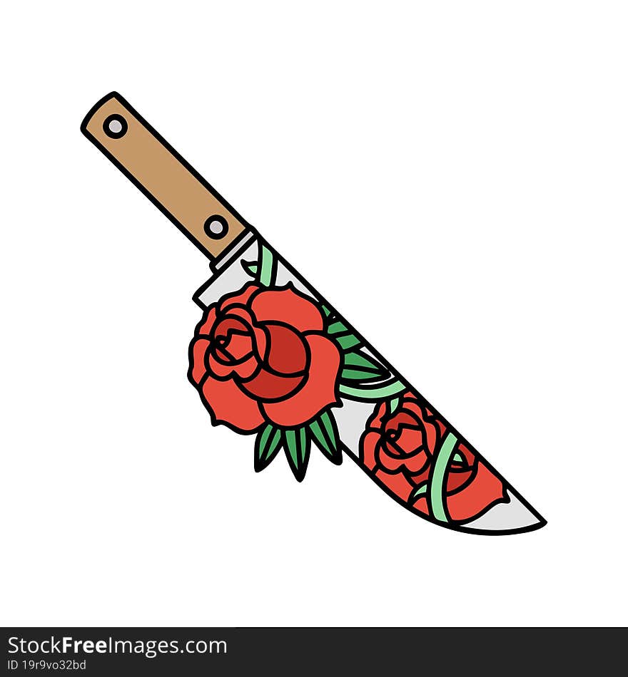 Traditional Tattoo Of A Dagger And Flowers