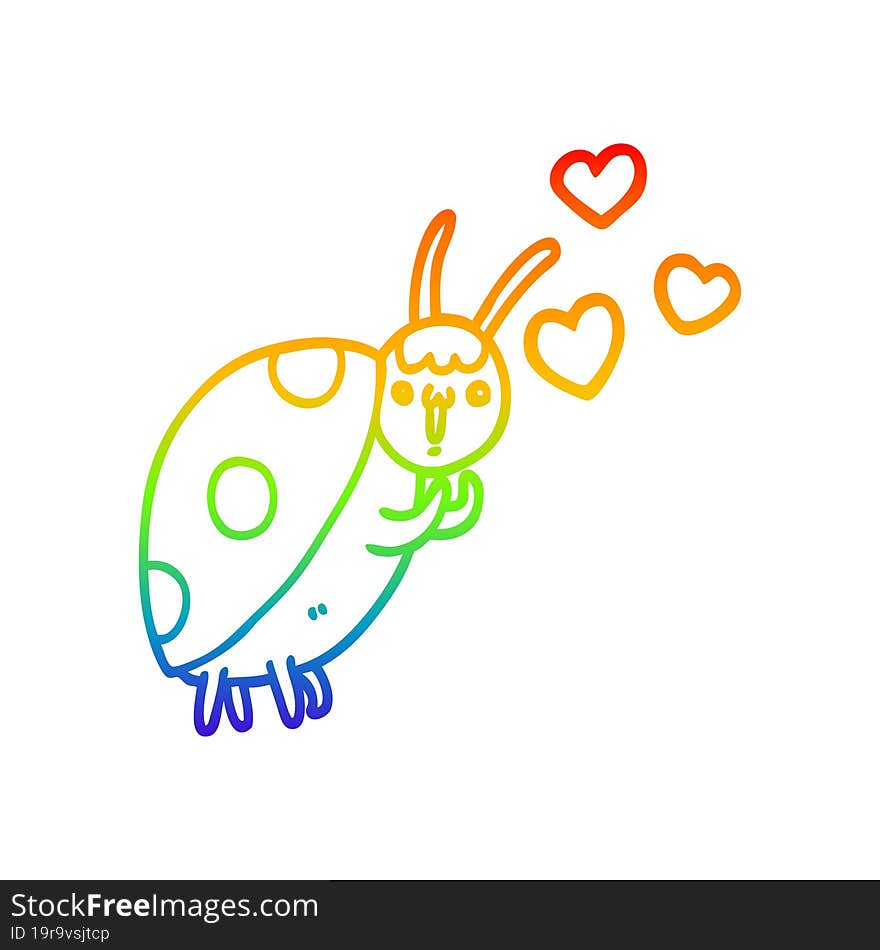 rainbow gradient line drawing of a cute cartoon ladybug in love