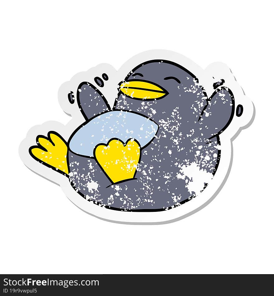 distressed sticker of a happy cartoon penguin