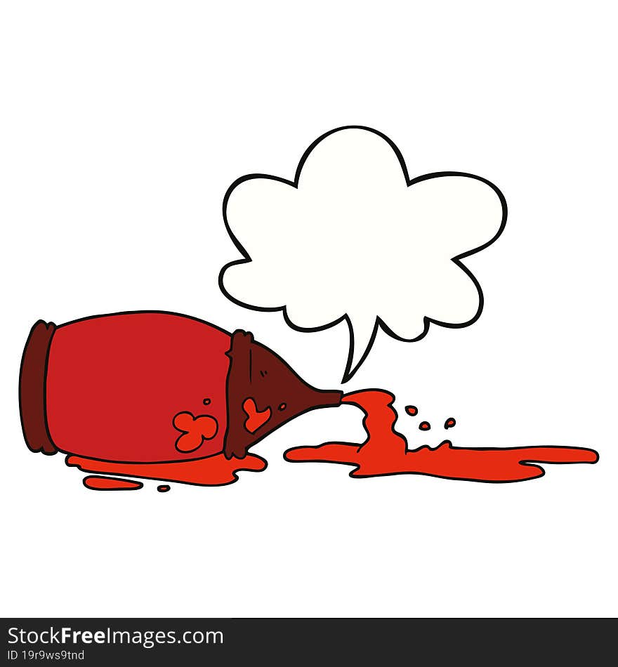 cartoon spilled ketchup bottle and speech bubble