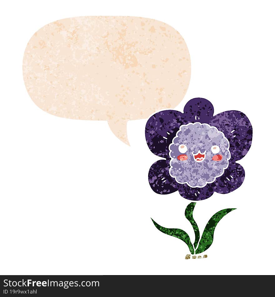 cartoon flower and speech bubble in retro textured style