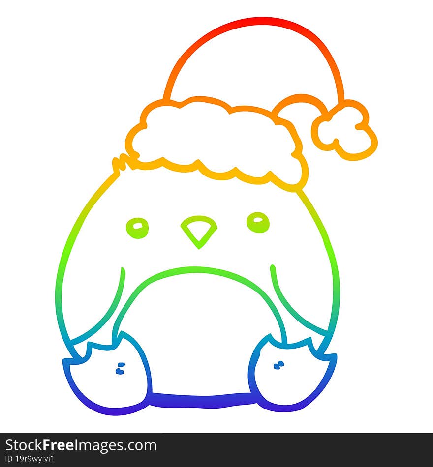 rainbow gradient line drawing cute cartoon penguin wearing christmas hat