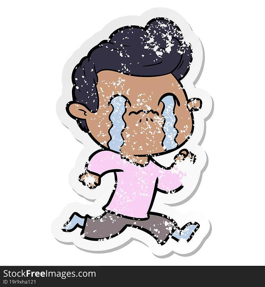 distressed sticker of a cartoon man crying