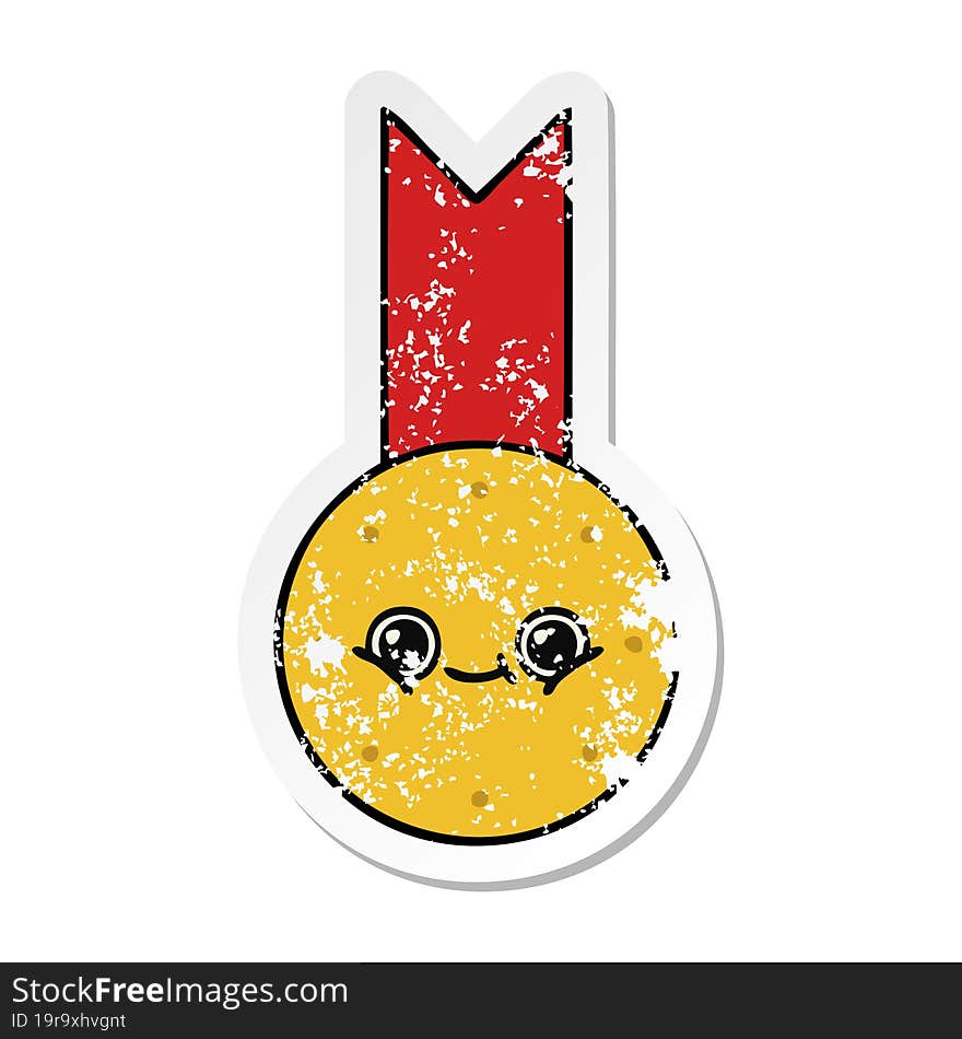 distressed sticker of a cute cartoon gold medal