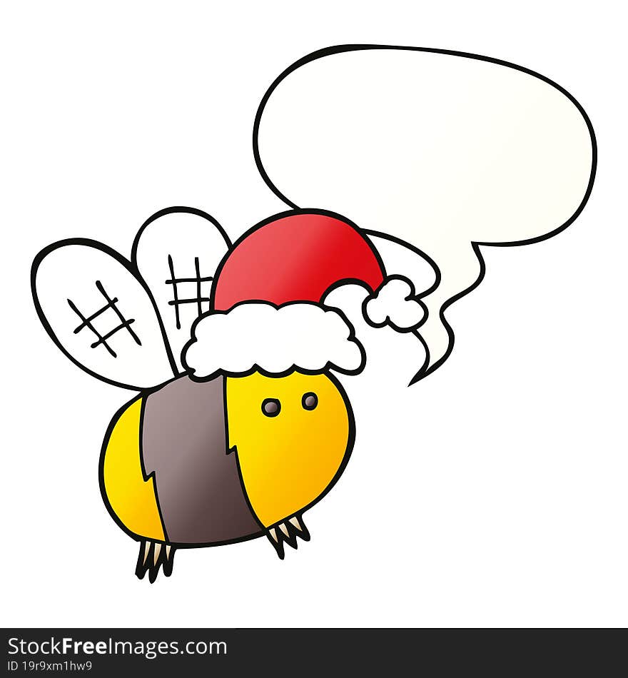 cute cartoon bee wearing christmas hat and speech bubble in smooth gradient style