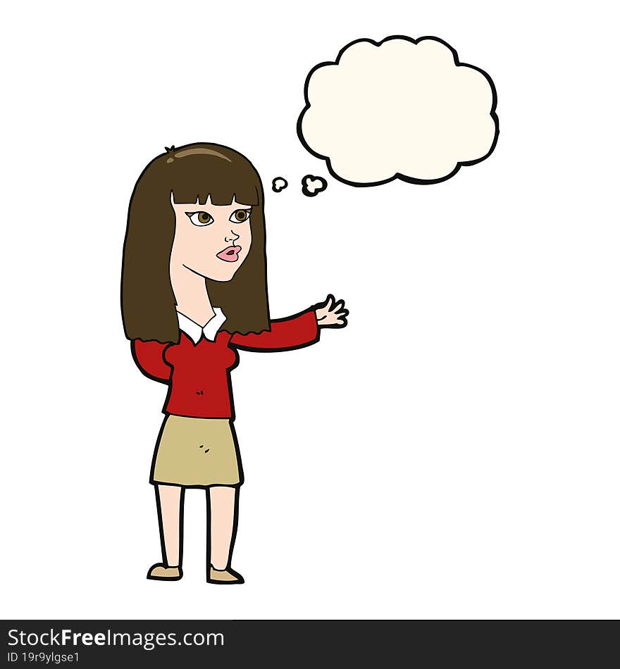 Cartoon Woman Gesturing To Show Something With Thought Bubble