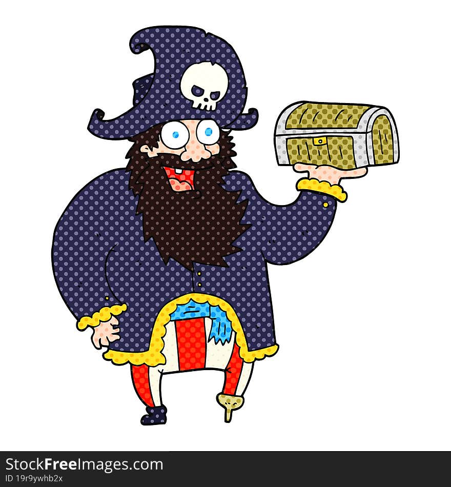 freehand drawn cartoon pirate captain with treasure chest