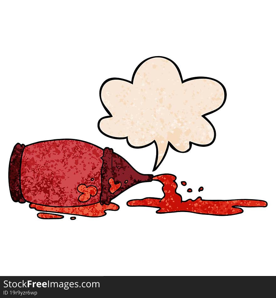 cartoon spilled ketchup bottle and speech bubble in retro texture style