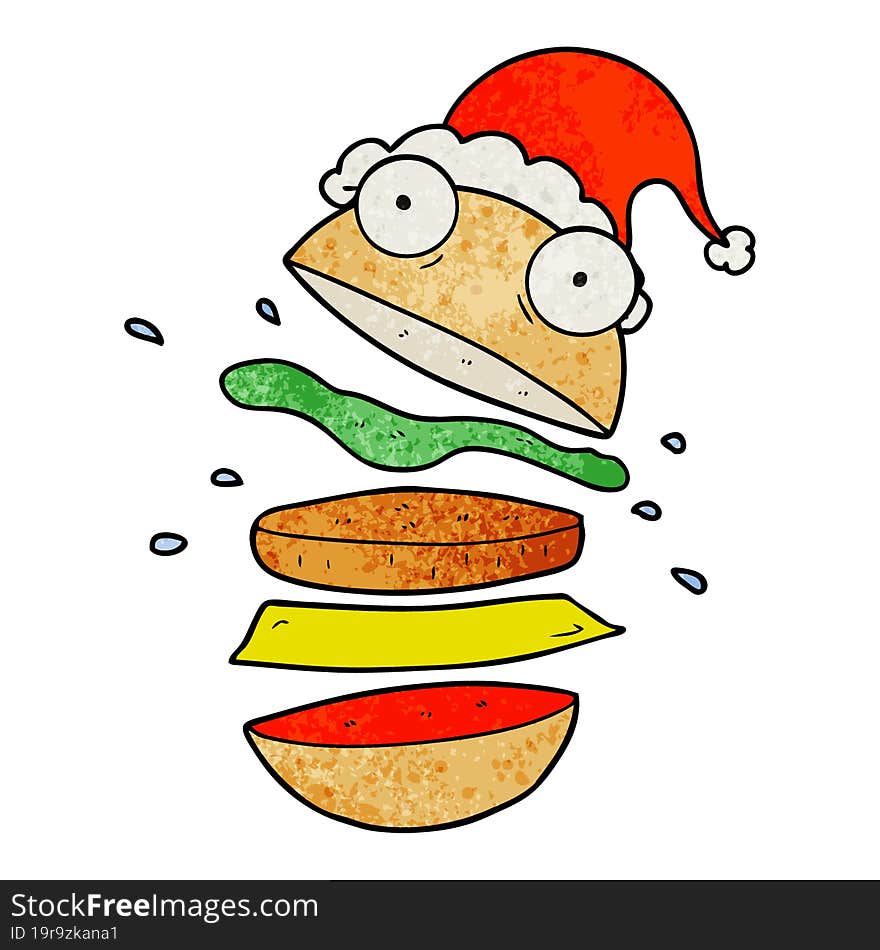 Textured Cartoon Of A Amazing Burger Wearing Santa Hat