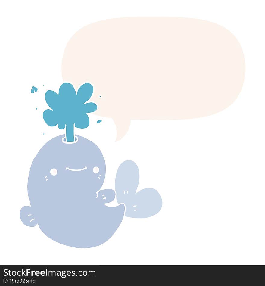 cartoon whale spouting water and speech bubble in retro style