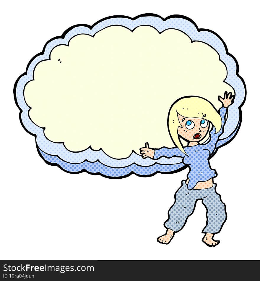 cartoon stressed out woman in front of cloud