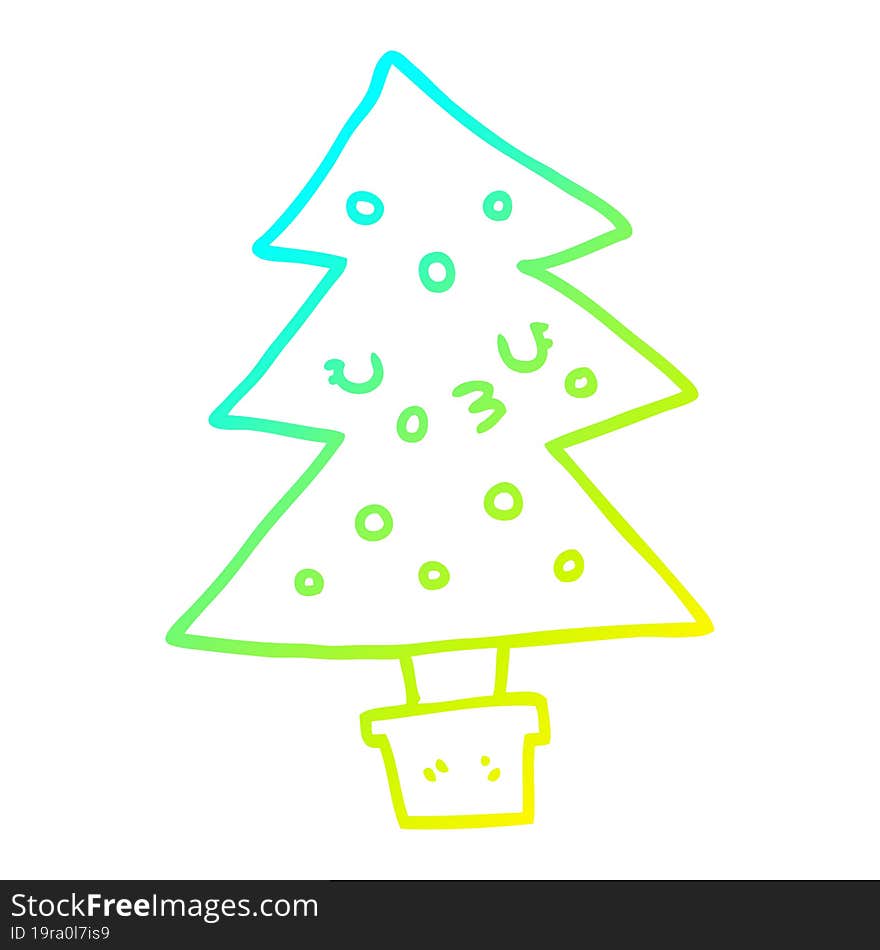 cold gradient line drawing of a cartoon christmas tree