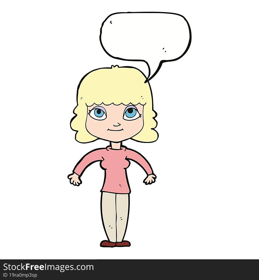 cartoon woman shrugging shoulders with speech bubble