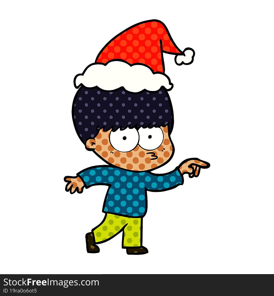 Nervous Comic Book Style Illustration Of A Boy Wearing Santa Hat