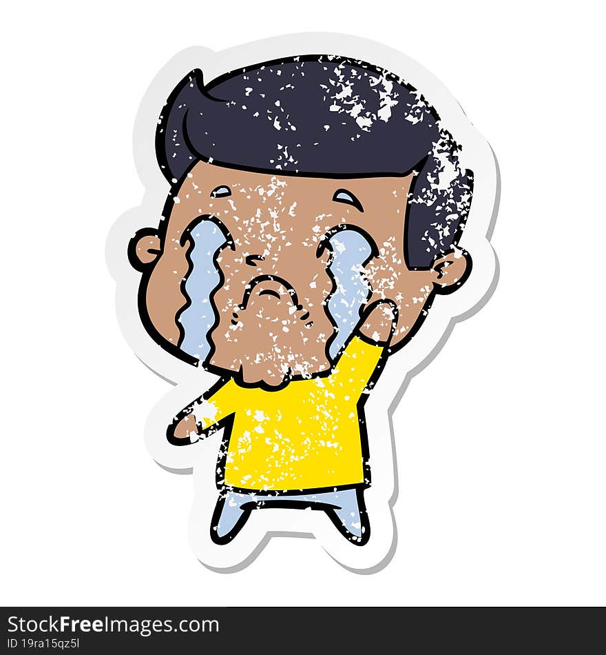 distressed sticker of a cartoon man crying