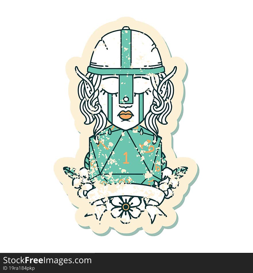 crying elf fighter character face with natural one D20 roll illustration