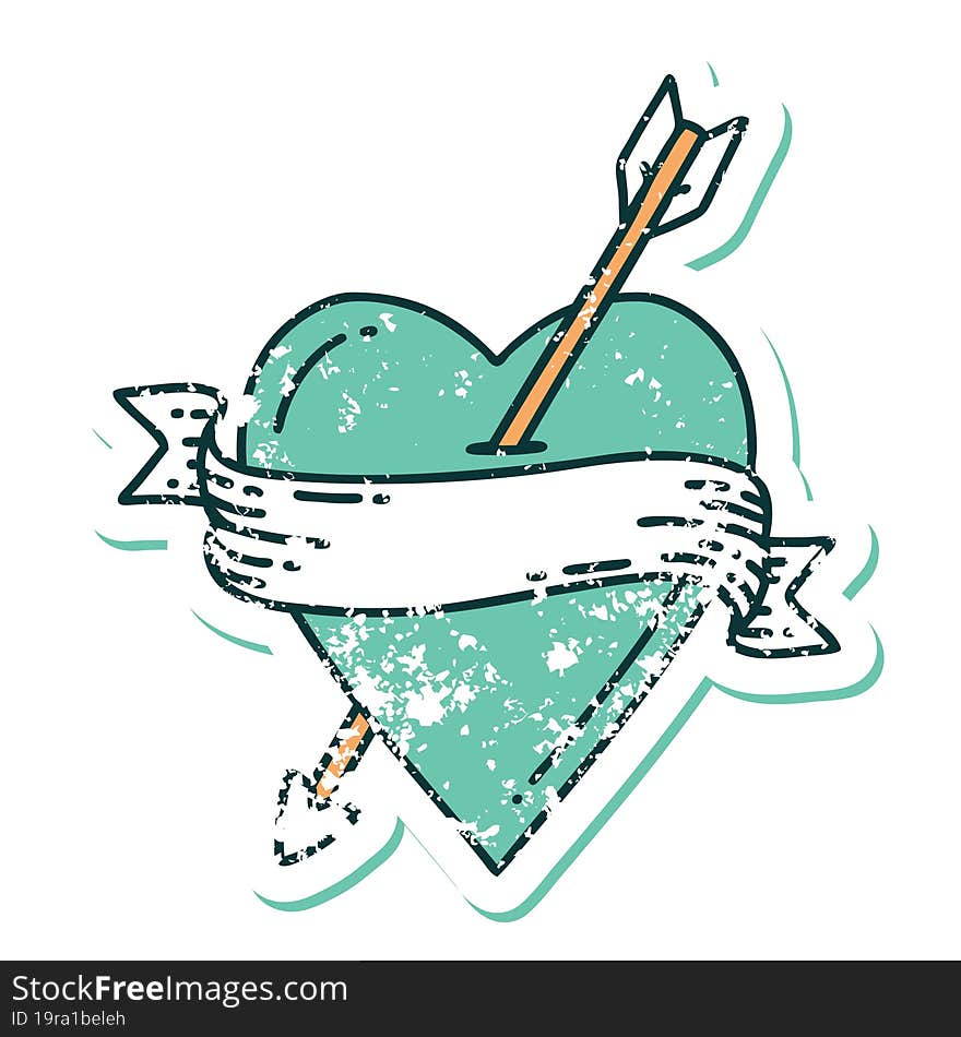 distressed sticker tattoo style icon of an arrow heart and banner