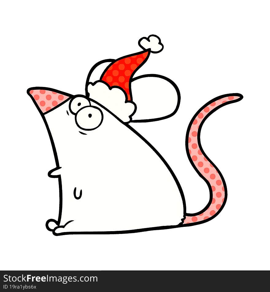 hand drawn comic book style illustration of a frightened mouse wearing santa hat