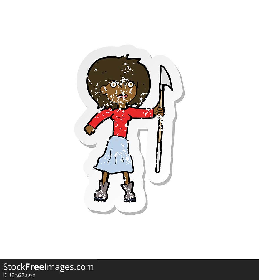 retro distressed sticker of a cartoon woman with harpoon