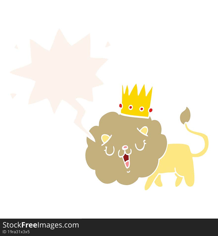 cartoon lion and crown and speech bubble in retro style