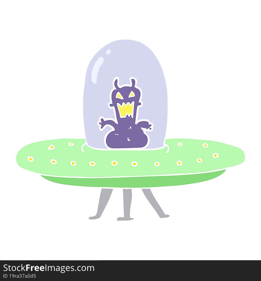 flat color illustration of a cartoon alien in flying saucer