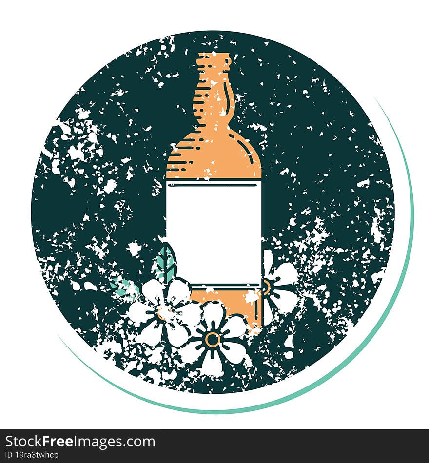 Distressed Sticker Tattoo Style Icon Of A Rum Bottle And Flowers