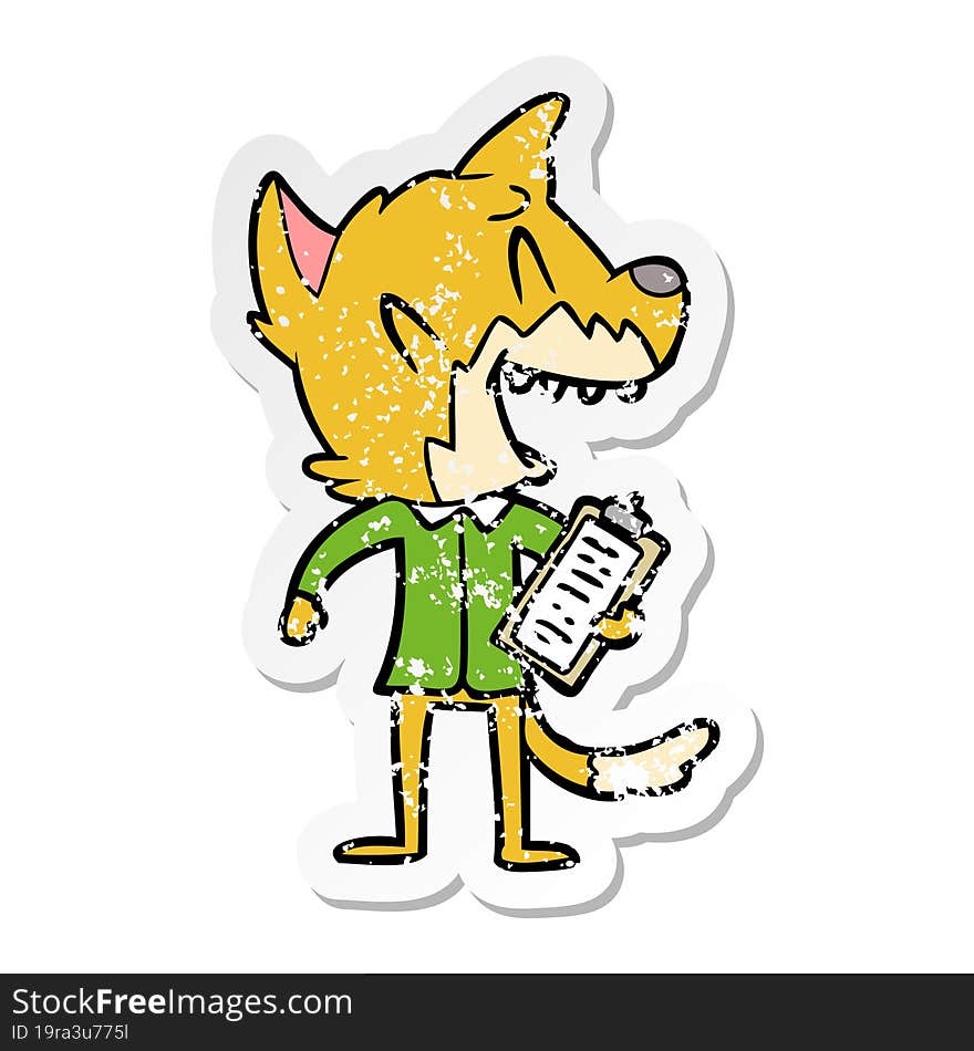 distressed sticker of a laughing fox salesman