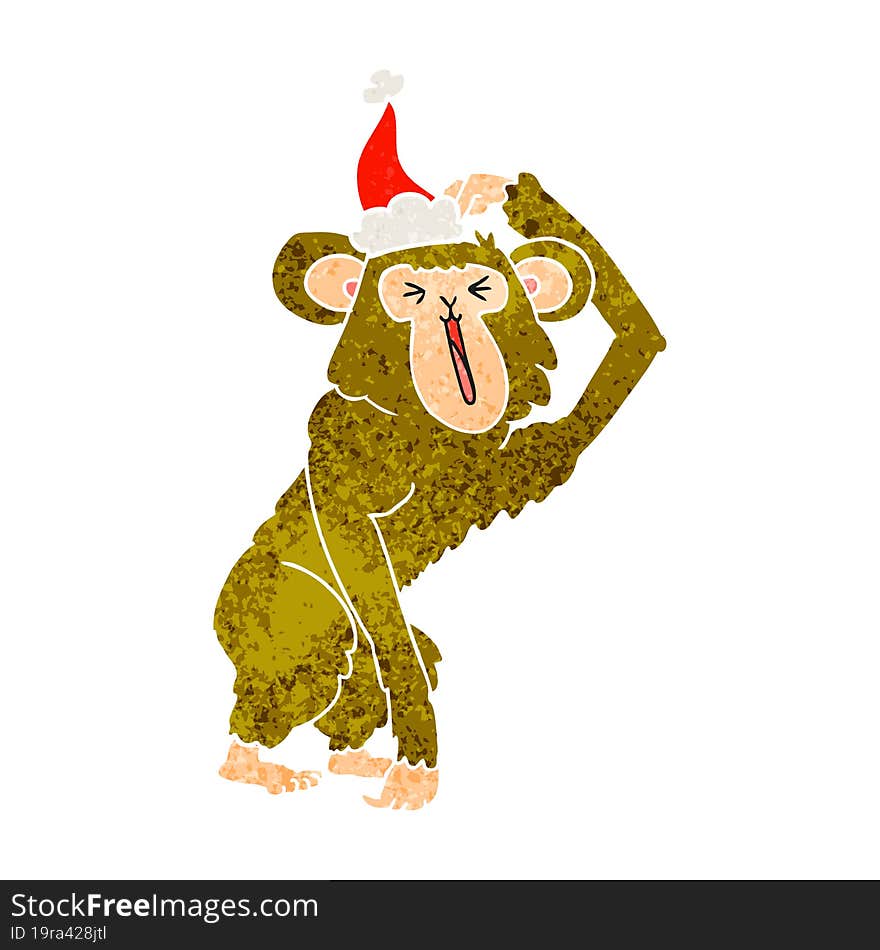 retro cartoon of a chimp scratching head wearing santa hat