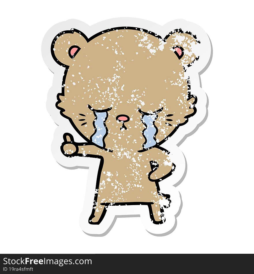 distressed sticker of a crying cartoon bear giving thumbs up