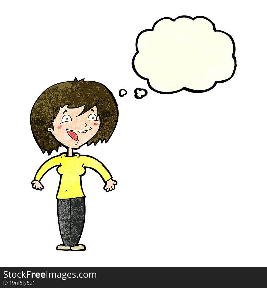 cartoon excited woman with thought bubble