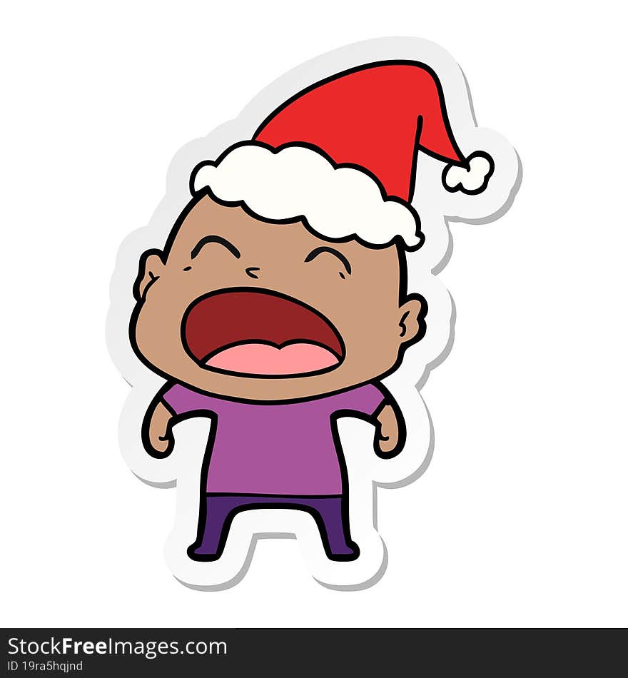 sticker cartoon of a shouting bald man wearing santa hat