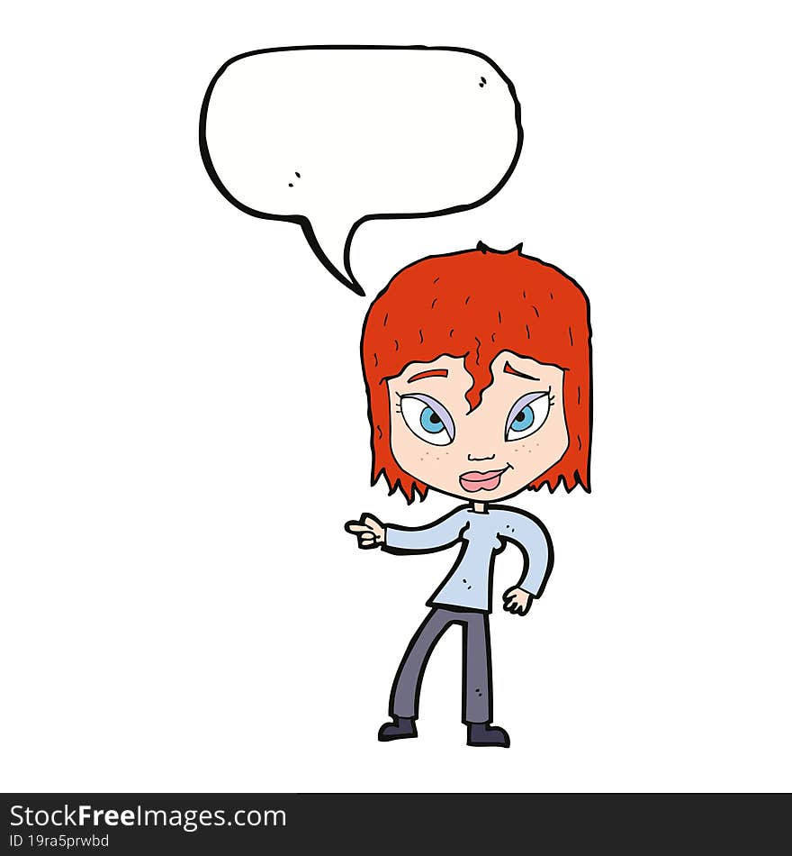 cartoon relaxed woman pointing with speech bubble