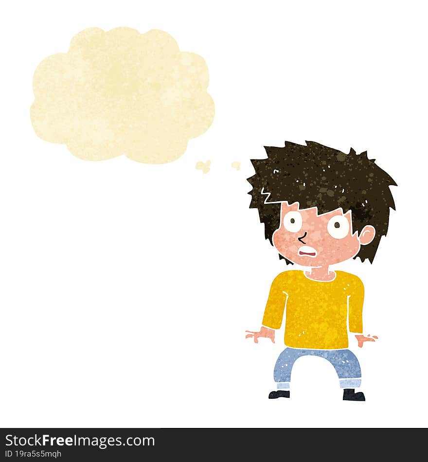 cartoon frightened boy with thought bubble