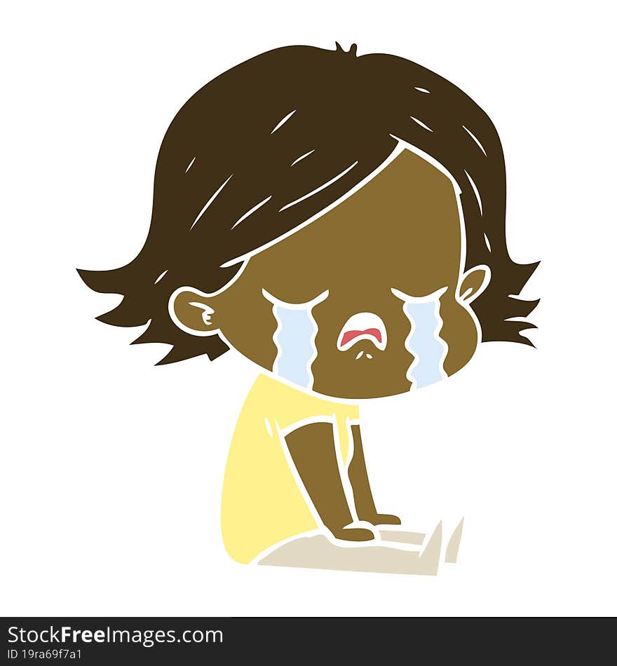 flat color style cartoon girl crying sat on floor