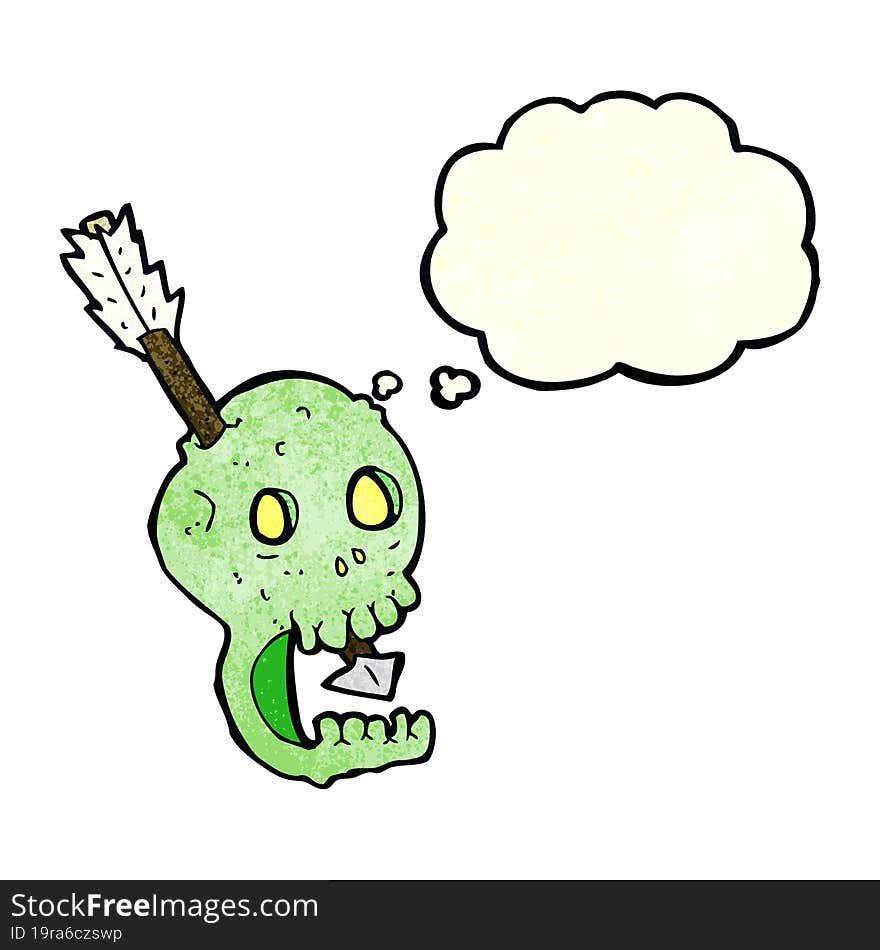 funny cartoon skull and arrow with thought bubble