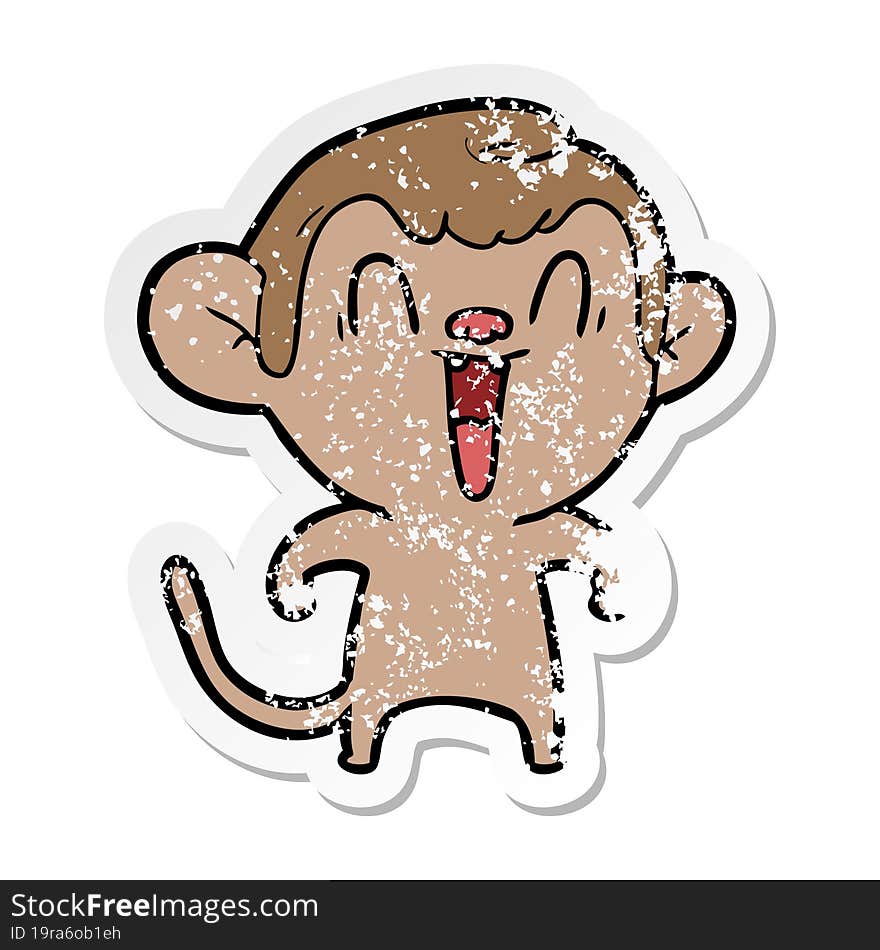 distressed sticker of a cartoon laughing monkey