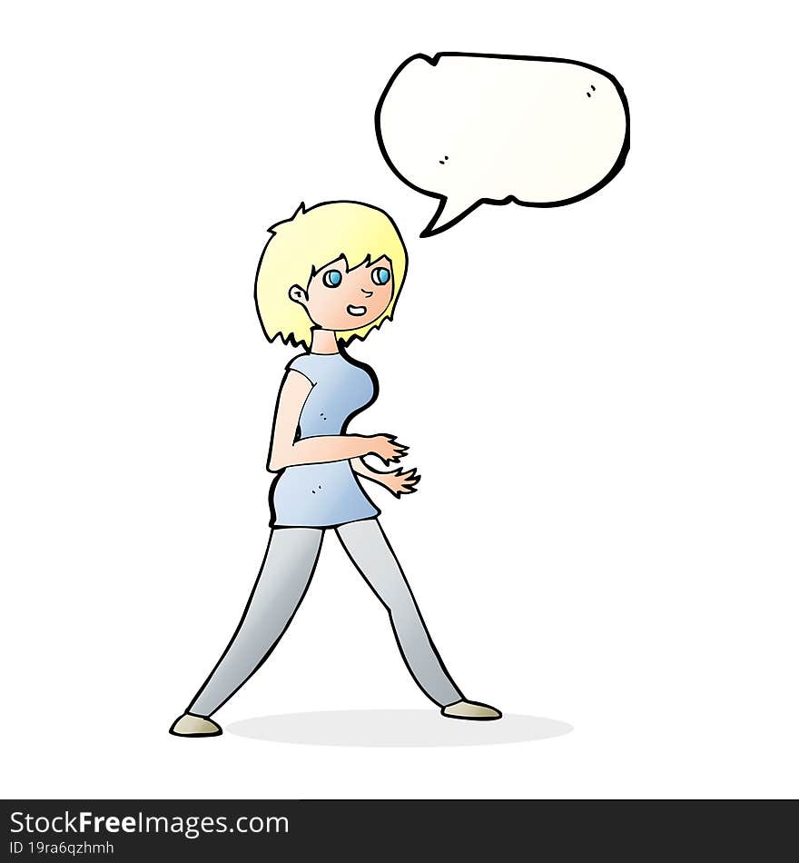 cartoon woman walking with speech bubble