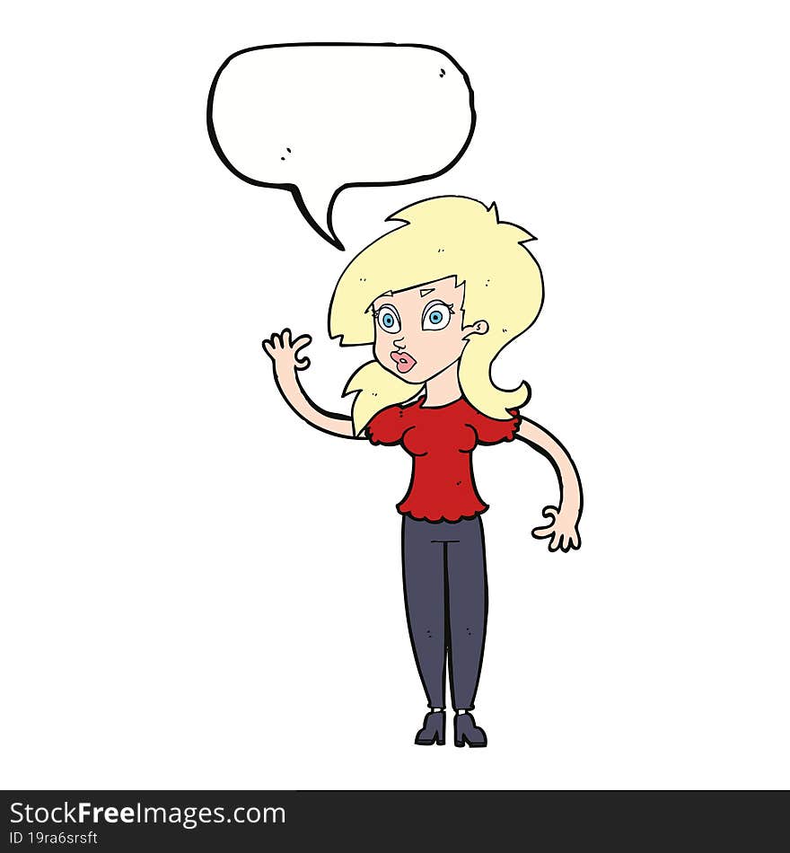 cartoon pretty woman waving with speech bubble