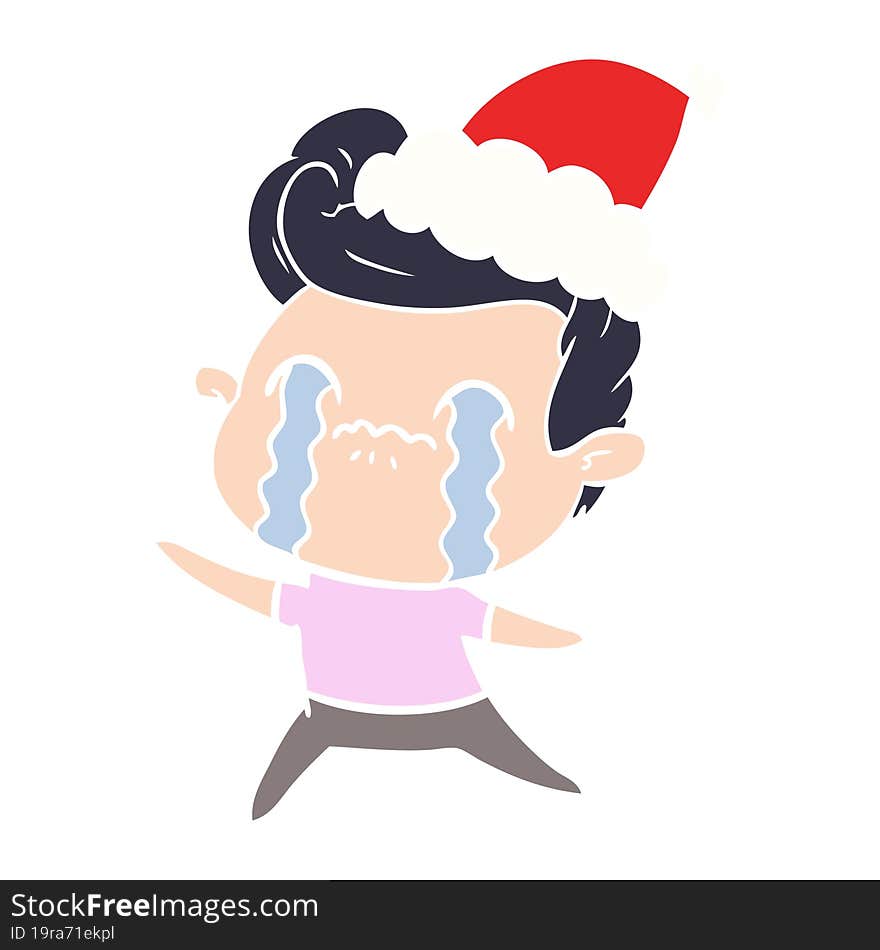 flat color illustration of a man crying wearing santa hat