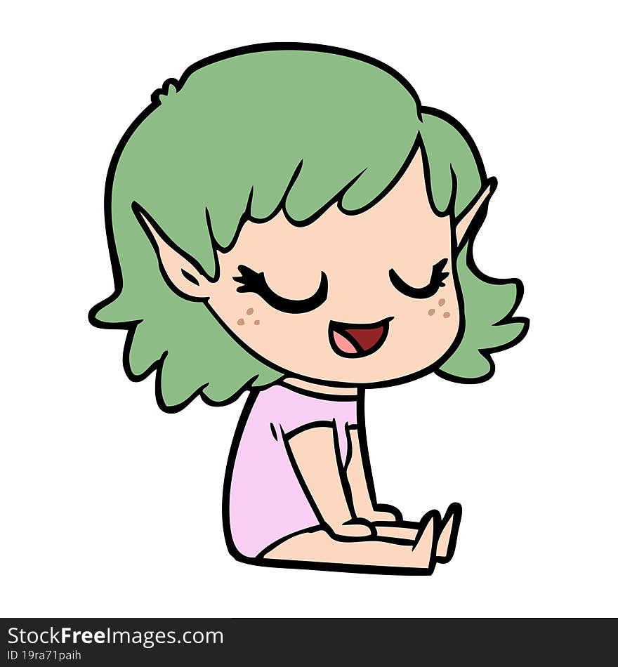 happy cartoon elf girl sitting on floor. happy cartoon elf girl sitting on floor