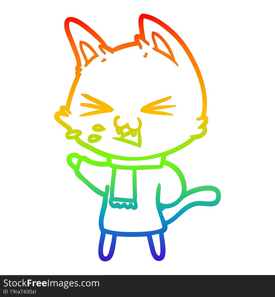 Rainbow Gradient Line Drawing Cartoon Cat Hissing