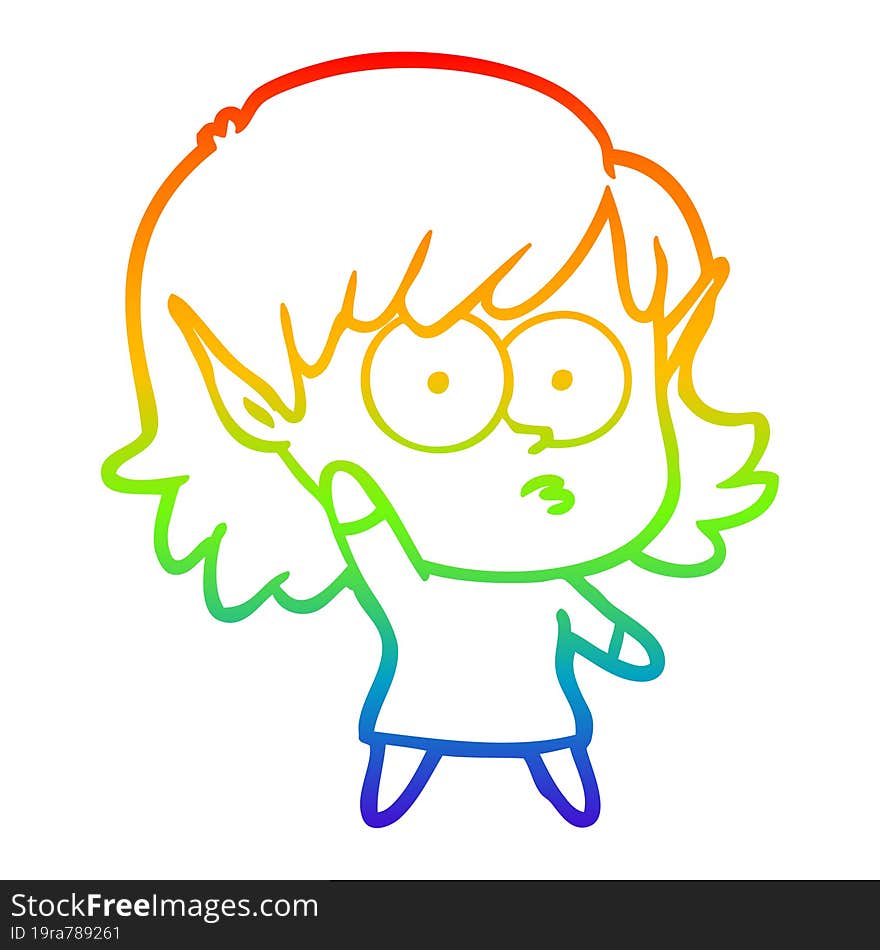 rainbow gradient line drawing cartoon elf girl waving