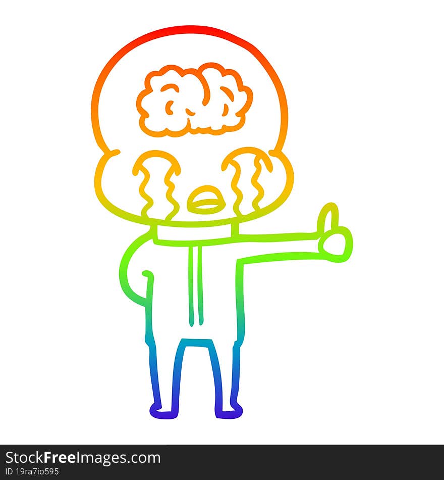 rainbow gradient line drawing cartoon big brain alien crying but giving thumbs up symbol