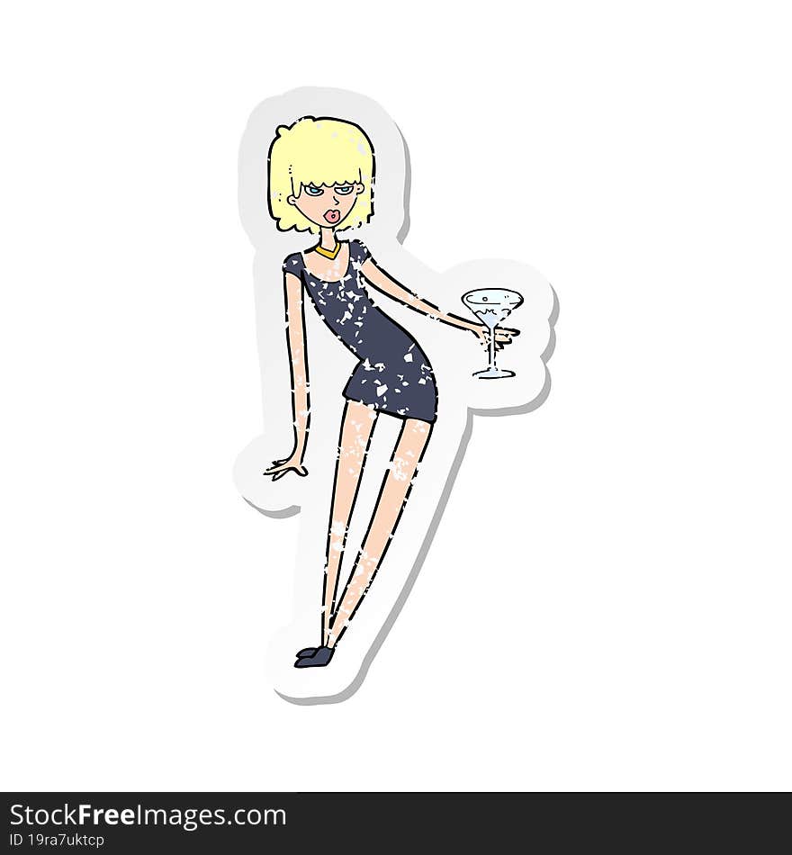 retro distressed sticker of a cartoon woman with cocktail