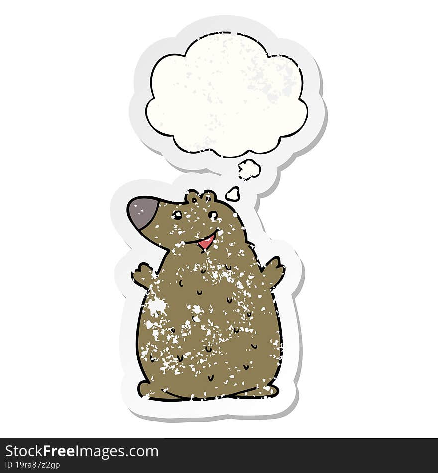 cartoon happy bear and thought bubble as a distressed worn sticker